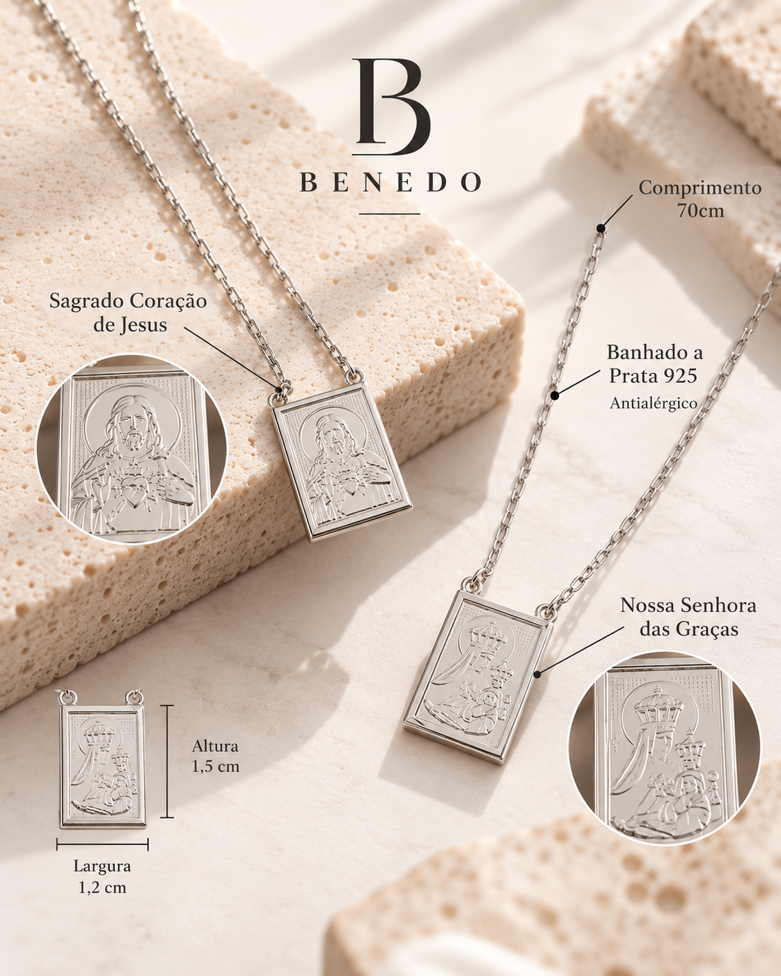 Detalhes do escapulário: banho de prata, corrente de 70 cm e medalhas de 1,5 por 1,2 cm